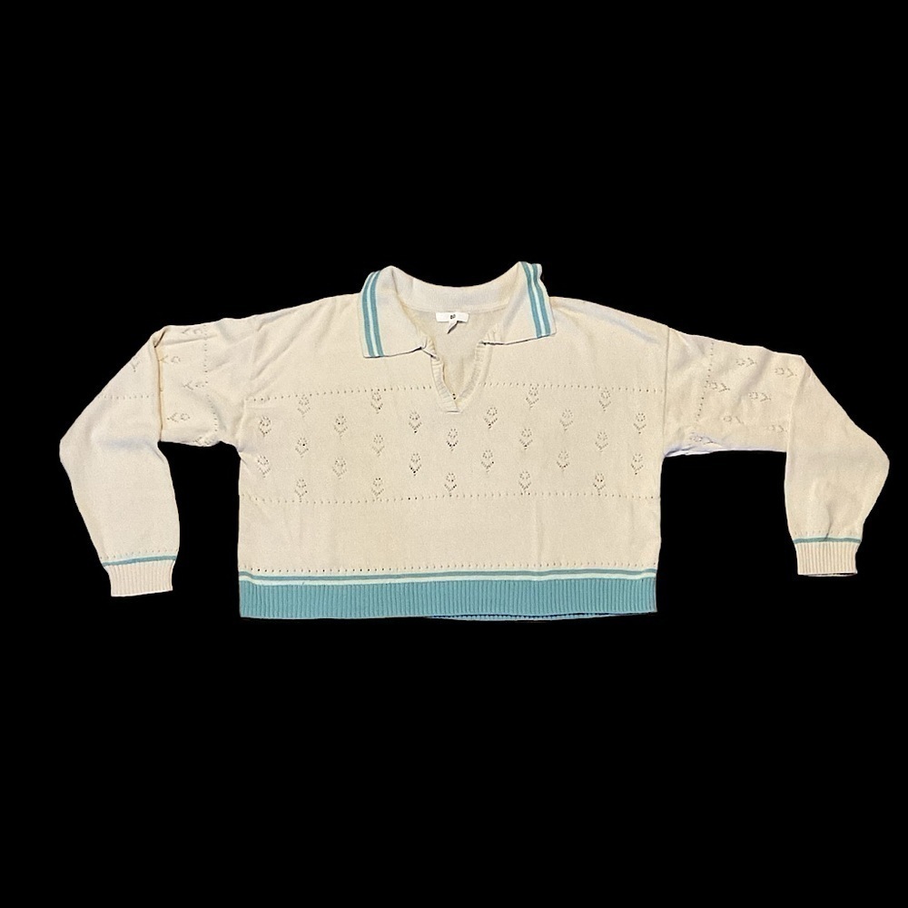 BP Top Womens Ivory Pullover Collared Sweater Cream and Teal floral rugby